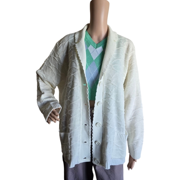 Excelsior Women's Vintage-Retro Oversized Off-White Knit Cardigan Sweater - Picture 4 of 16